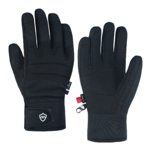 Pair of black tactical gloves displayed side by side, showing textured palms and padded fingers.
