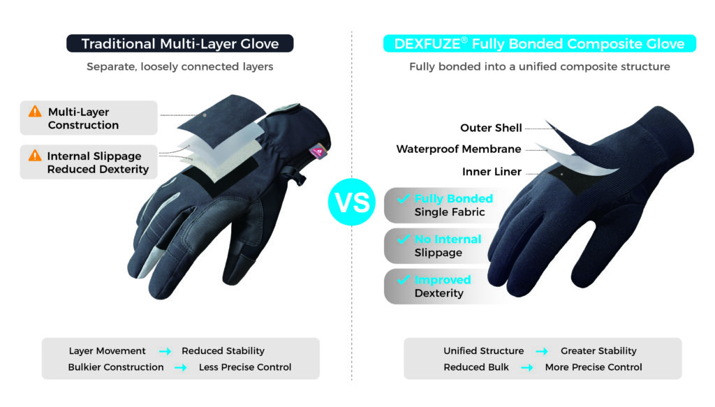 DEXFUZE waterproof gloves with a fully bonded fabric vs conventional multi layer thermal glove construction.