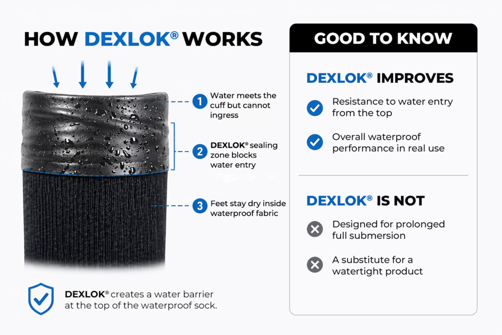 Infographic showing Dexlok: water meets the cuff, sealing zone blocks water, feet stay dry inside the waterproof sock.