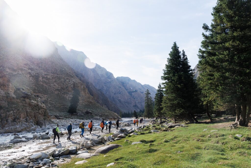 Team hiking in Tianshan Mountains