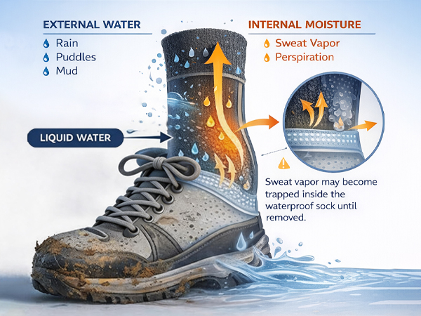 Infographic for waterproof sock blocking external water while letting moisture escape but might trap a bit.