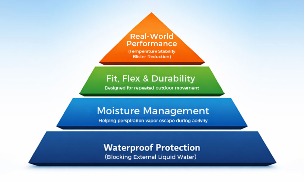 Pyramid infographic showing four performance layers of waterproof socks