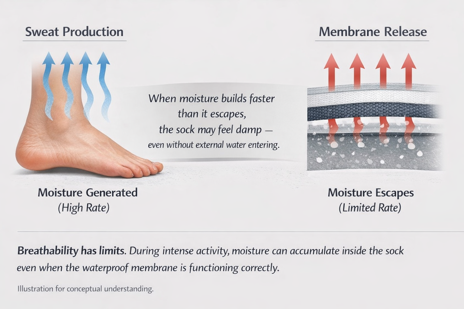 How moisture builds up inside a waterproof sock during intense activity