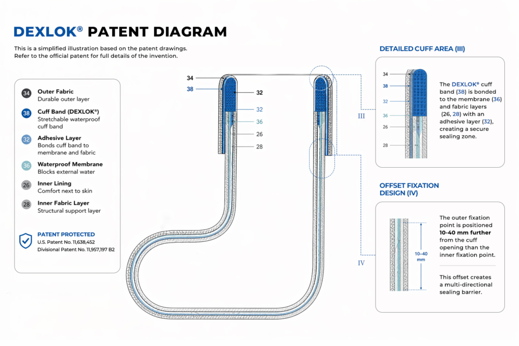 Simplified patent diagram of a DEXLOK cuff showing outer fabric, cuff band (38), adhesive layer, waterproof membrane, inner lining, inner fabric layer plus a detailed offset fixation design section.