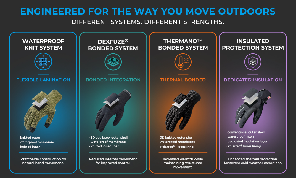 Infographic detailing four DexShell waterproof glove systems